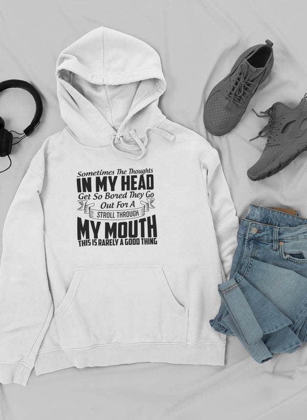 White pullover hoodie with front graphic text and kangaroo pocket, drawstring hood