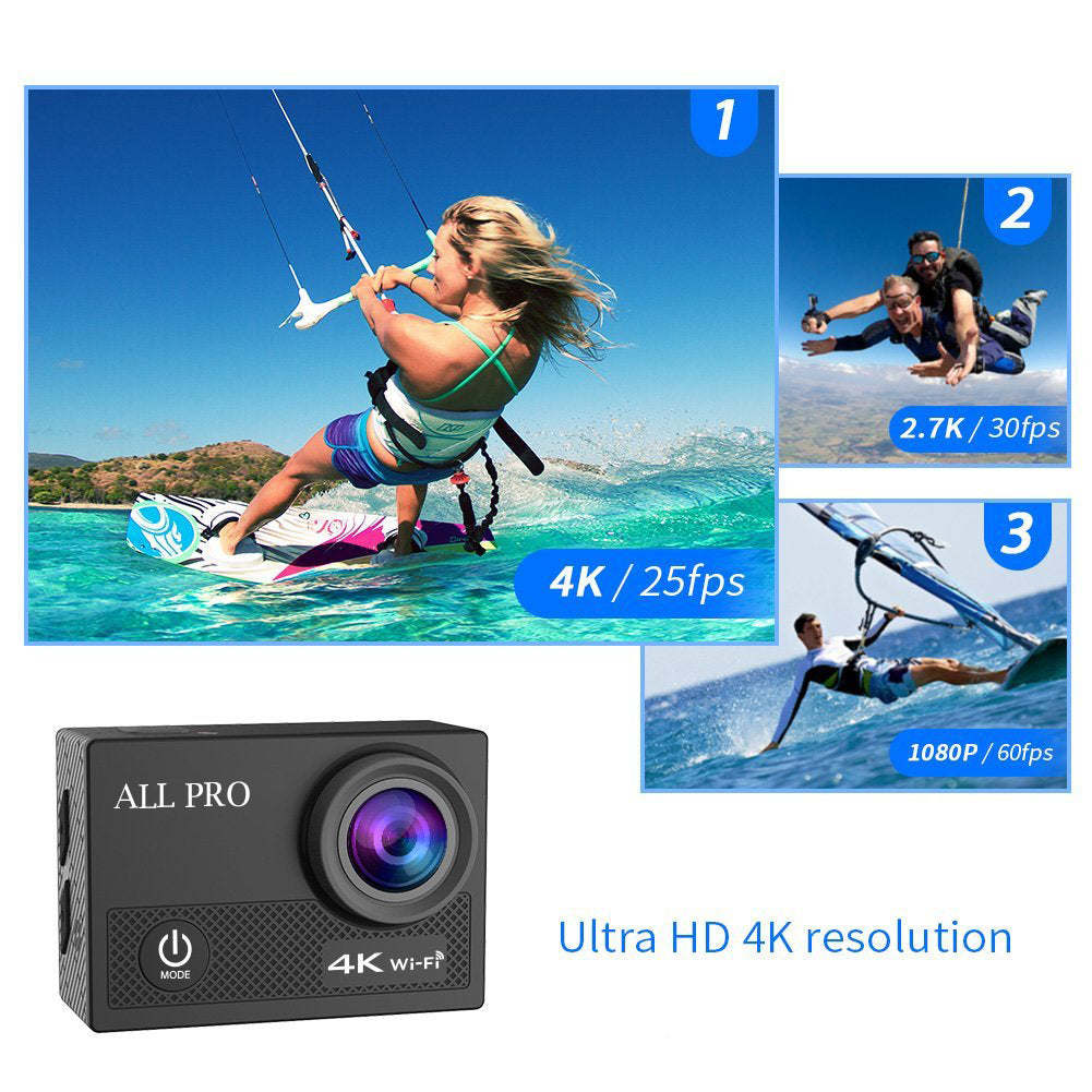 Black action camera with 4K lens shown with water and action sport panels