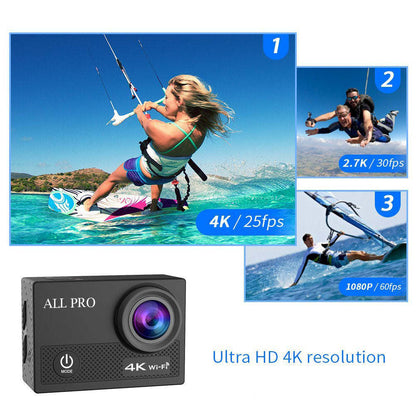 Black action camera with 4K lens shown with water and action sport panels