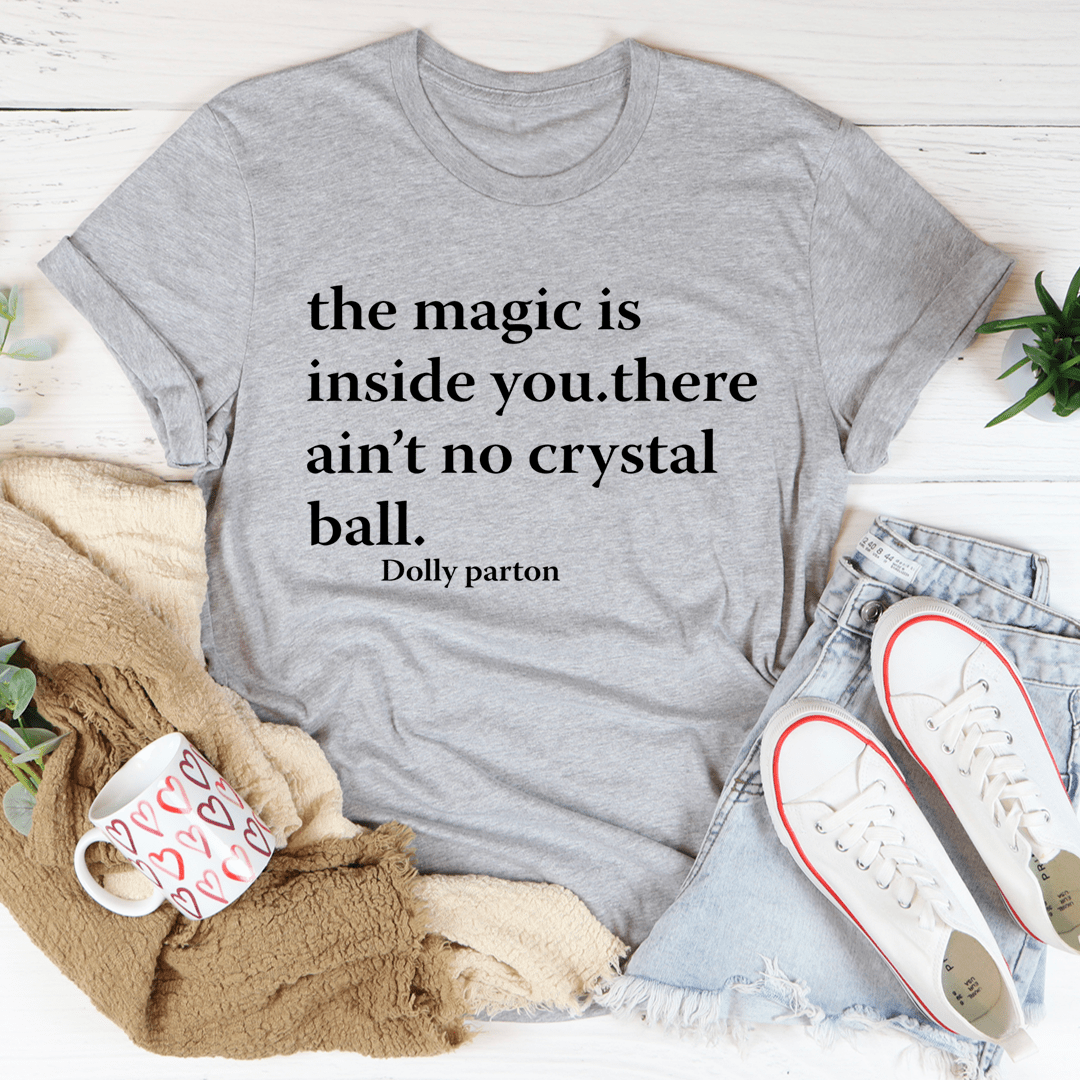 Heather gray T-shirt with large black quote text and Dolly Parton signature