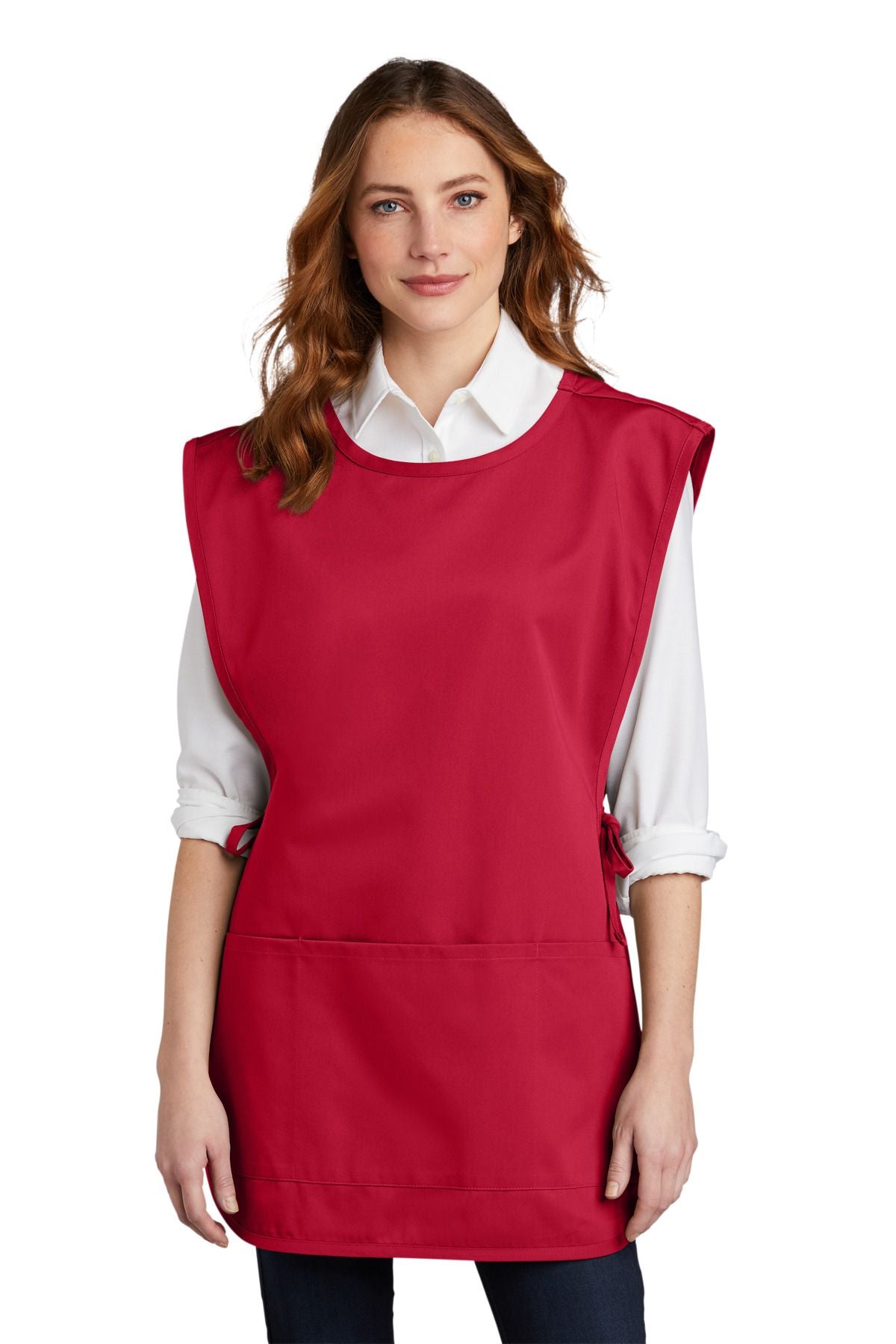 Red cobbler apron with sleeveless bib and front hem pocket
