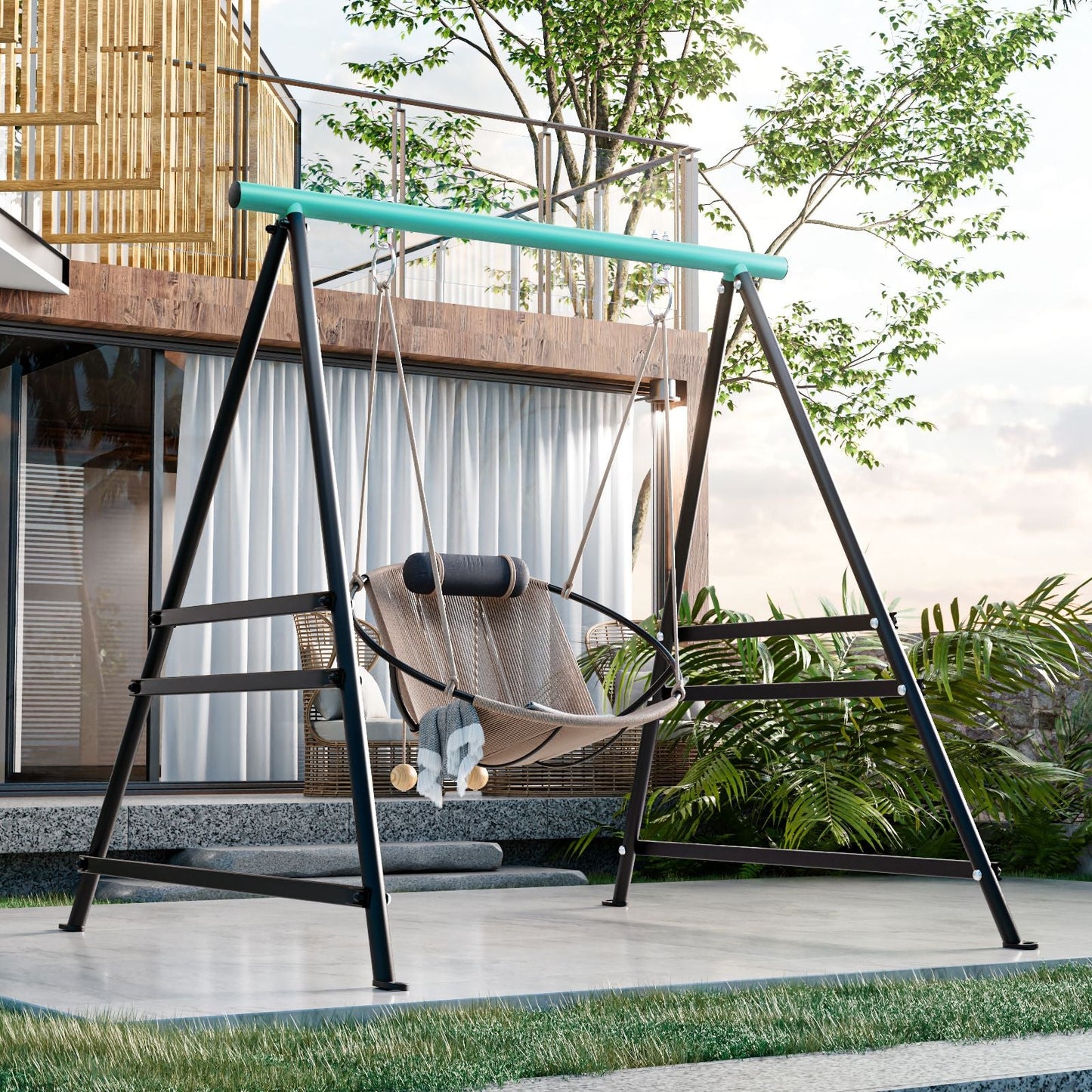 Metal Swing Stand Swing Sets for Backyard,Powder Coated Swing Frame of Swing Set with Extra Side Bars,880 Lbs Heavy-Duty A-Frame Outdoor Swing Fits Swing Chair,Porch Swing