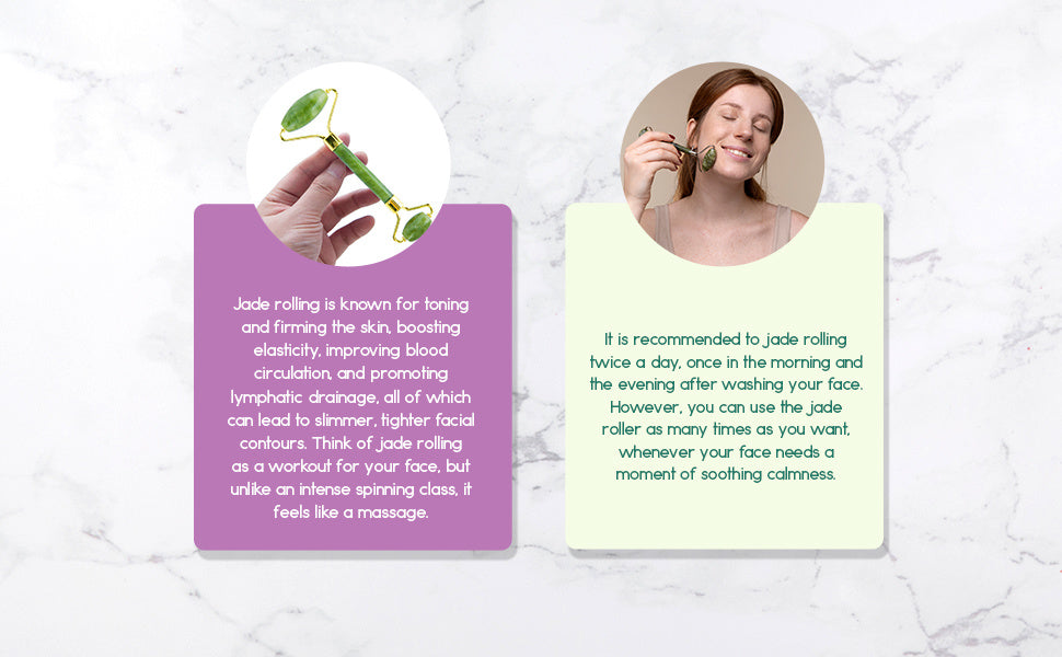 Jade facial roller on face application, green stones with gold-toned frame