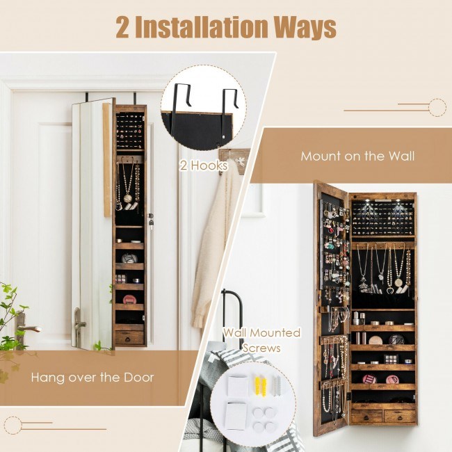 Wall or door mounted mirrored jewelry cabinet with lights, hanging hooks and screw options