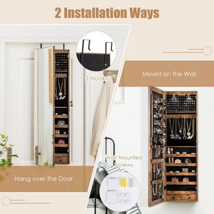 Wall or door mounted mirrored jewelry cabinet with lights, hanging hooks and screw options