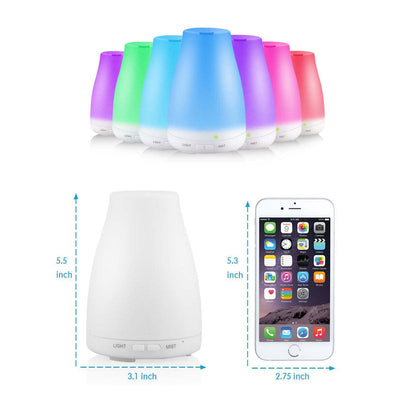 Aromatherapy-free humidifier set with colored caps, front view and size scale.
