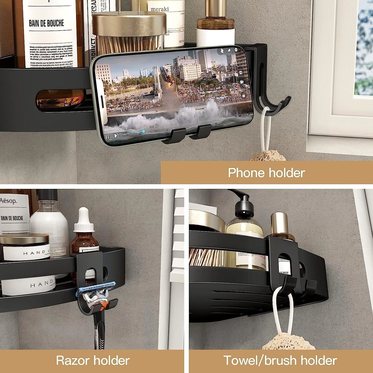 Black corner shower shelf caddy with accessory holders, including phone holder and razor hook