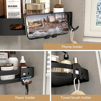 Black corner shower shelf caddy with accessory holders, including phone holder and razor hook