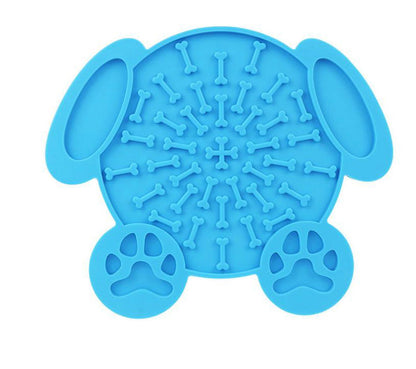 Blue bone-shaped dog lick mat with paw-print feet and raised textured channels