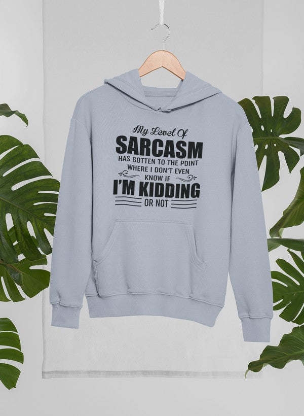 Light gray hoodie with hood, front pocket, and printed text graphic on chest