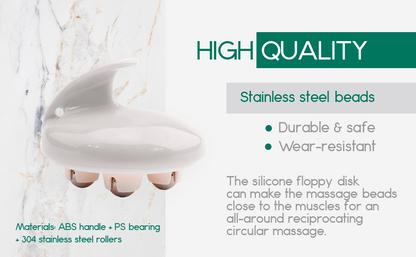 White rolling body massager with raised top disk and four stainless steel roller beads