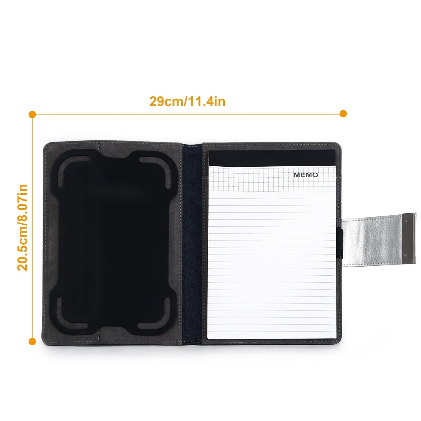 Black padfolio case with tablet sleeve and memo notebook compartment