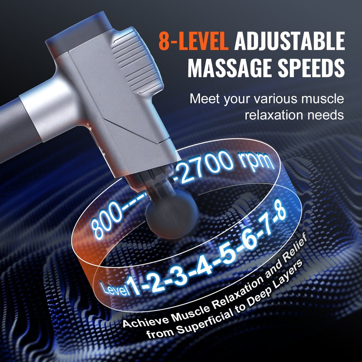 VEVOR Deep Tissue Percussion Massage Gun - 8 Speeds & 6 Heads for Athletes, Portable Handheld Massager for Pain Relief & Muscle Recovery