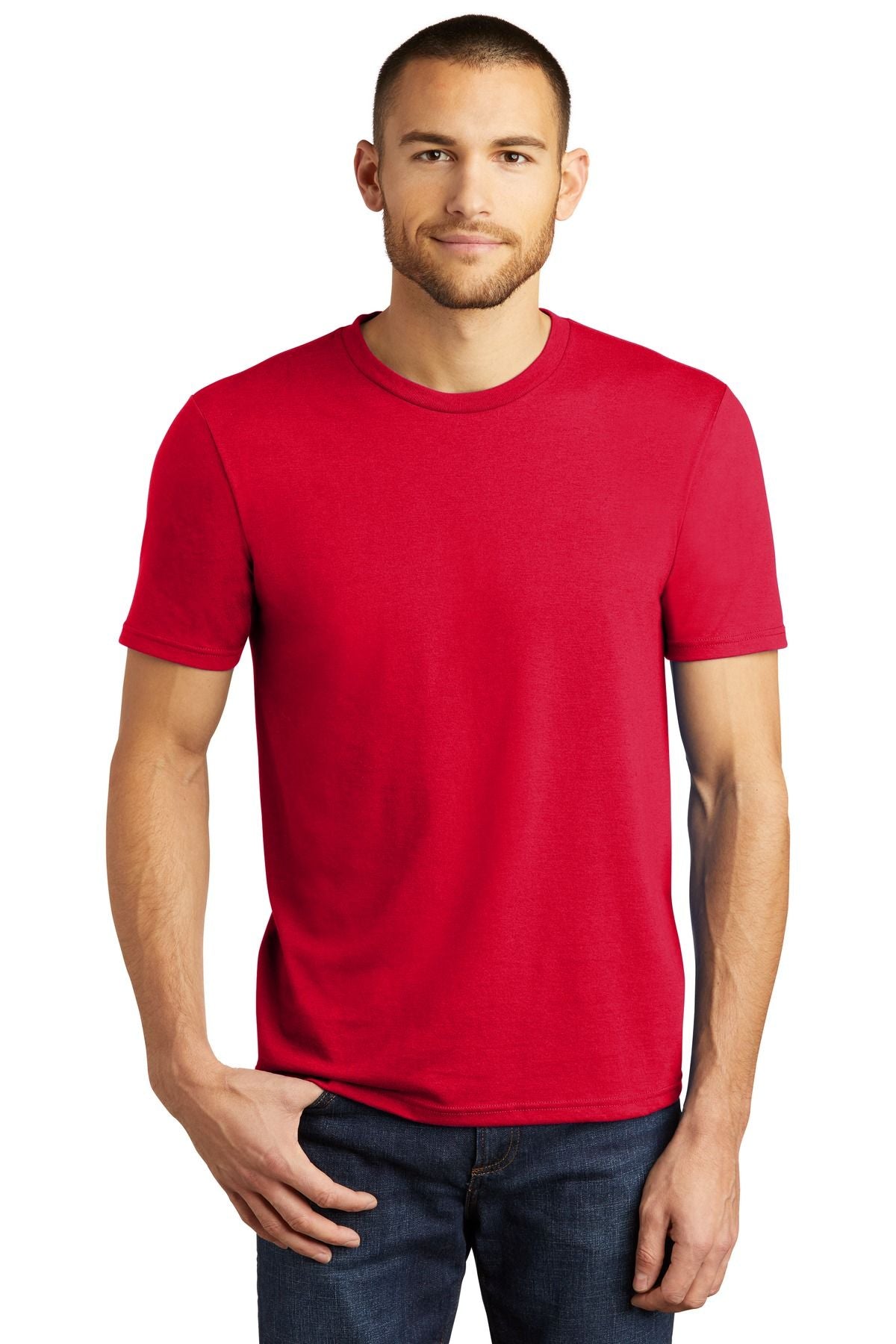 Crewneck tri-blend tee in red, short sleeves, straight hem.