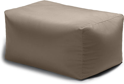 Taupe outdoor bean bag ottoman with smooth fabric and corner seams