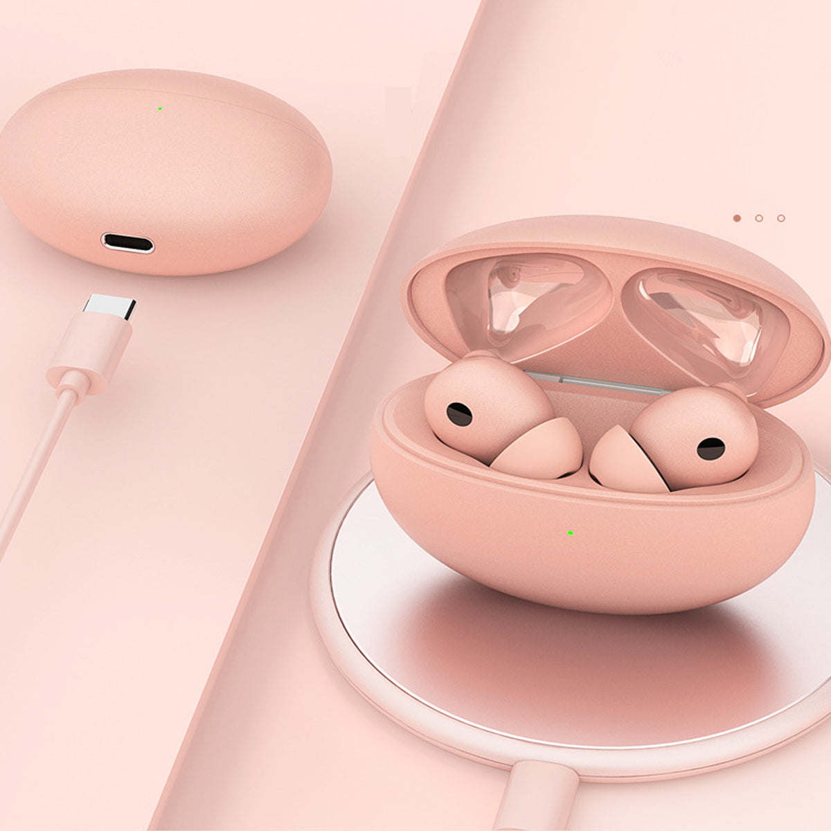 Pearl pink wireless earbuds in open charging case with earbuds visible