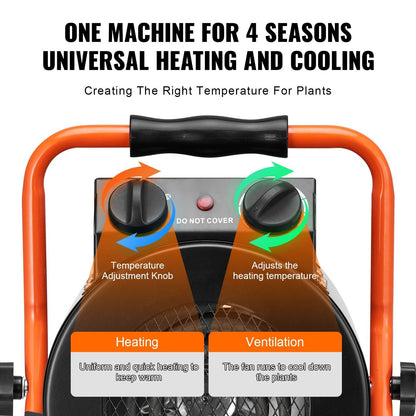 VEVOR Greenhouse Heater with Thermostat, 1500W Fast Heating with Overheat Protection, 2-Speed Setting Small Grow Tent Heater, Electric Portable Heater Fan for Green House, Flower Room, Workplace