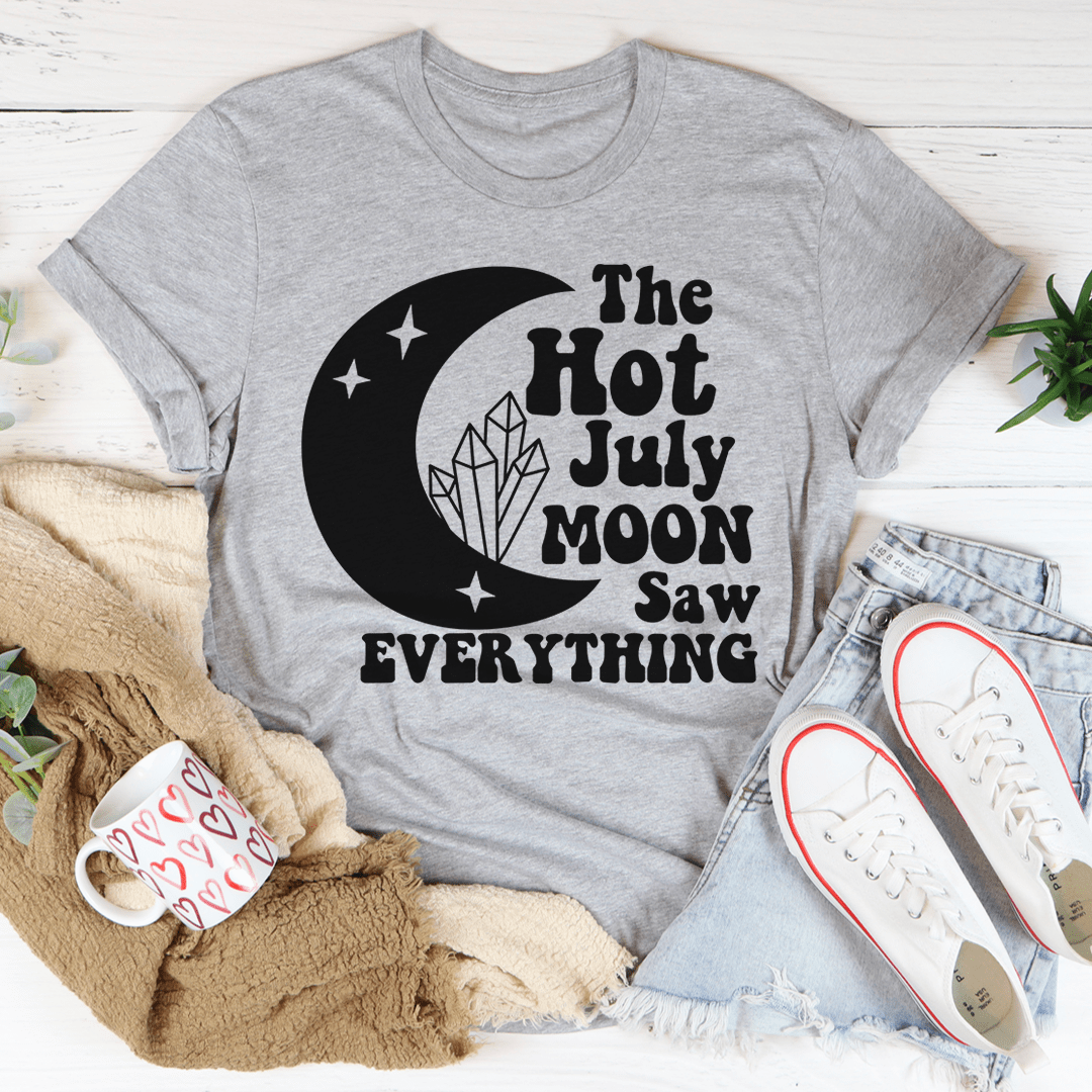 Heather gray graphic T-shirt with moon-and-stars 'Hot July Moon' print.