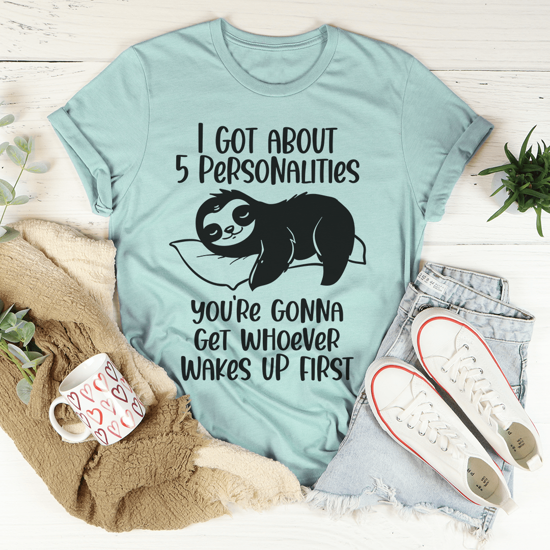 Teal graphic T-shirt with black bear and '5 Personalities' slogan