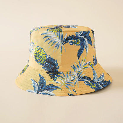 Yellow tropical pineapple and palm leaf fisherman bucket hat with wide brim