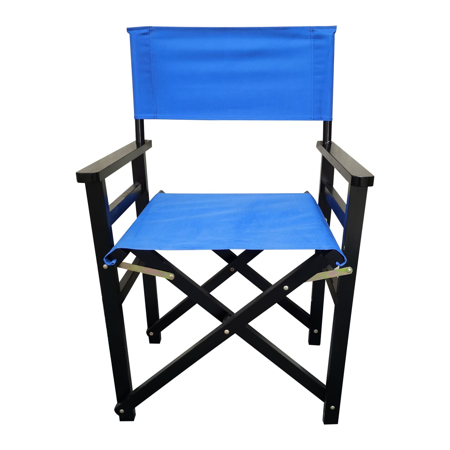 Blue canvas folding director chair with black wooden X-frame and side arms