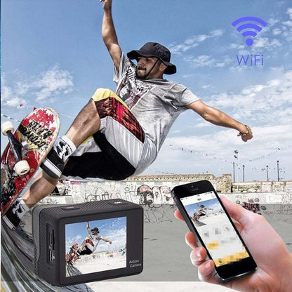 Action camera with LCD screen and smartphone app for WiFi control, plus skate mount