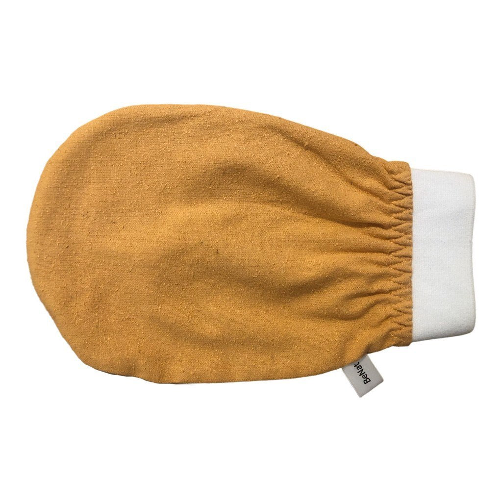 Exfoliating skincare mitt with brown textured fabric and white cuff