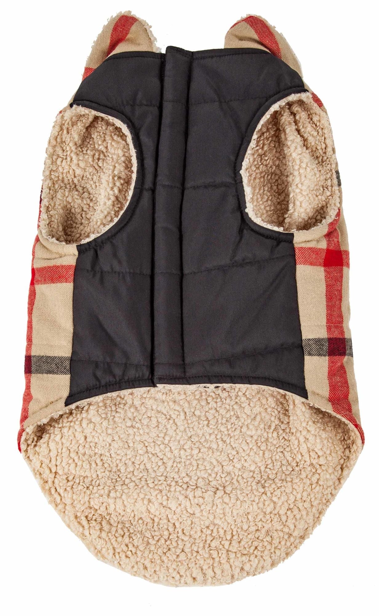 Insulated dog coat with black quilted body, sherpa lining, and red/black plaid sleeves