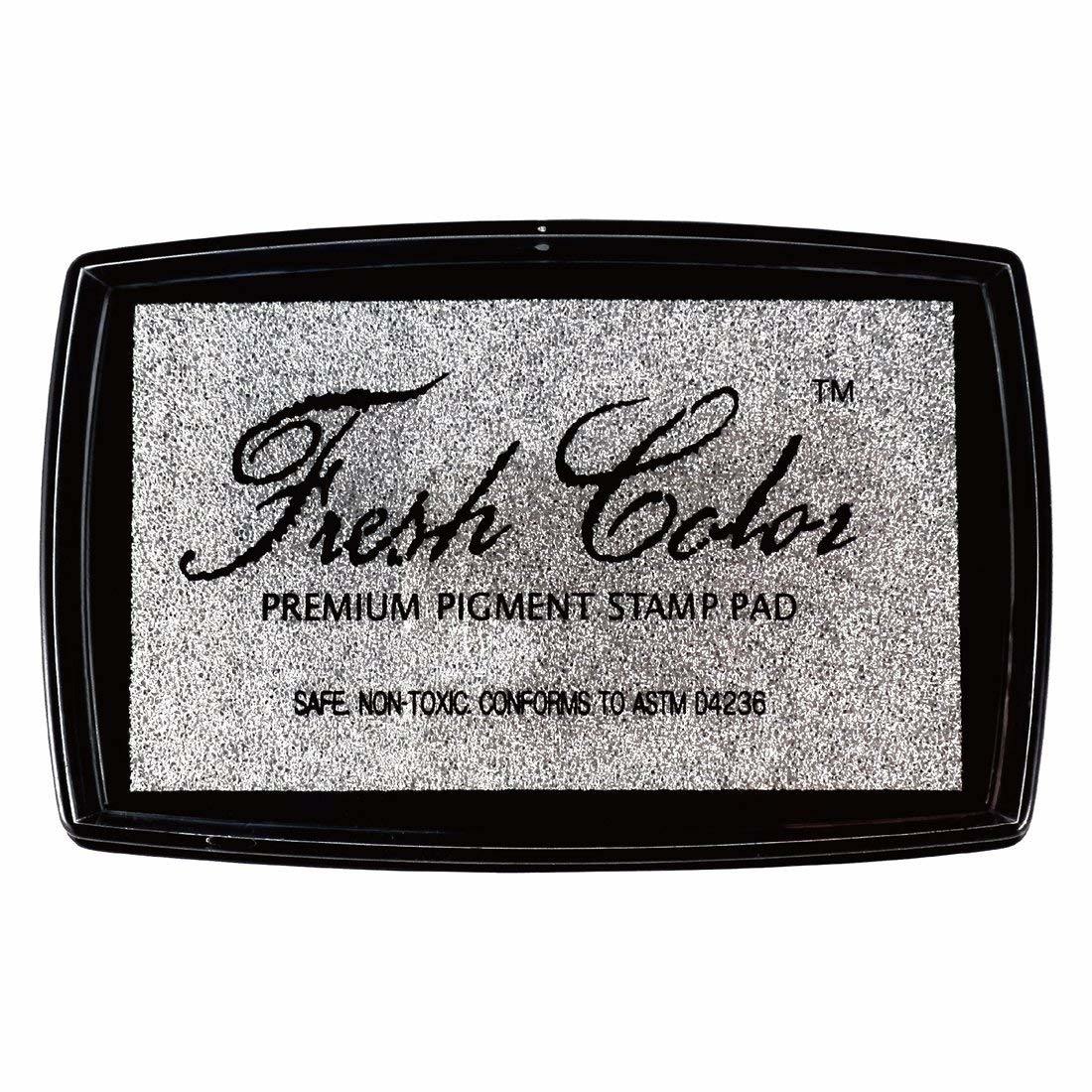 Silver pigment stamp pad in black case, speckled ink pad with 'Fresh Color' print.