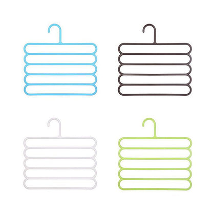 Set of 5-layer plastic hangers in blue, black, white, and light green