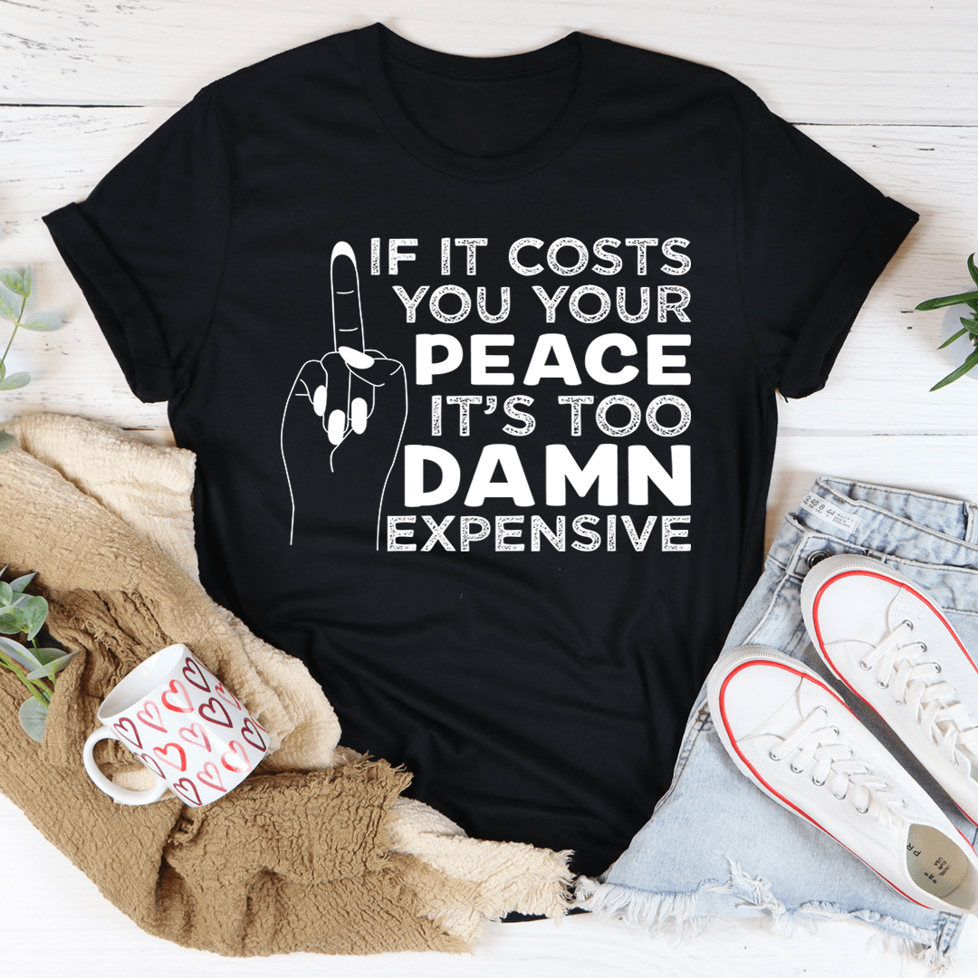 Black crewneck T-shirt with white peace slogan graphic on the front