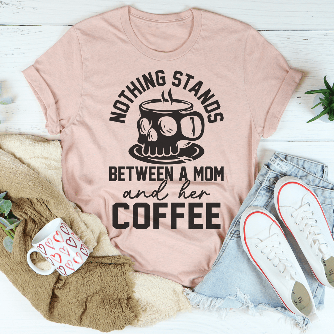 Heather pink coffee t-shirt with skull coffee slogan graphic