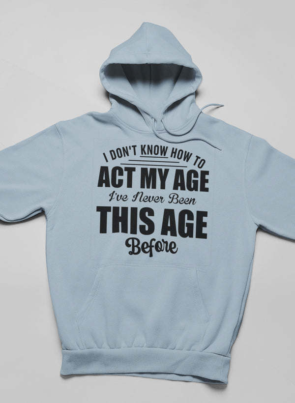 Light blue hoodie with large front graphic text and adjustable hood.