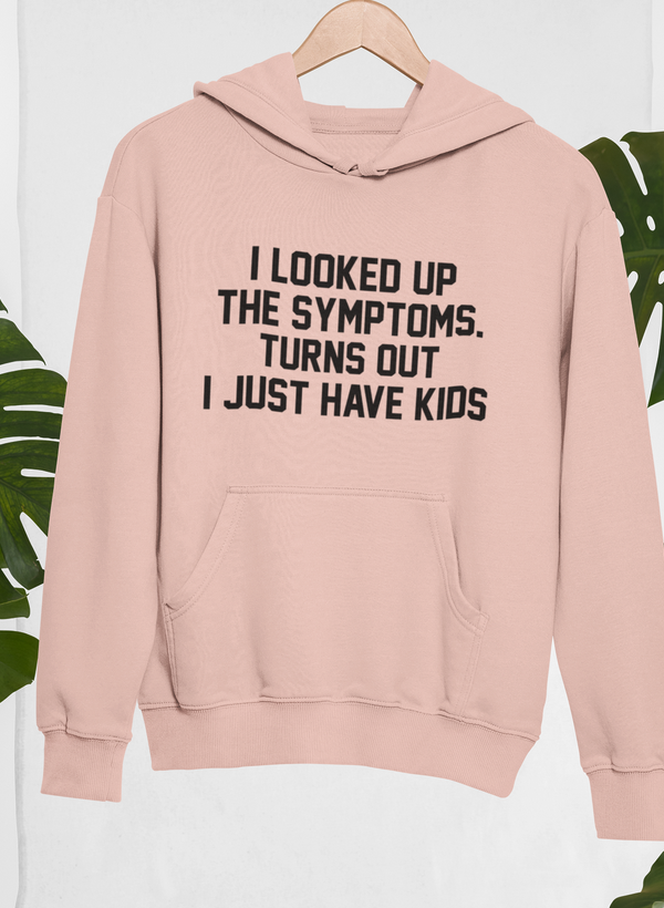 Kids hoodie in light mauve pink with bold printed message and front kangaroo pocket