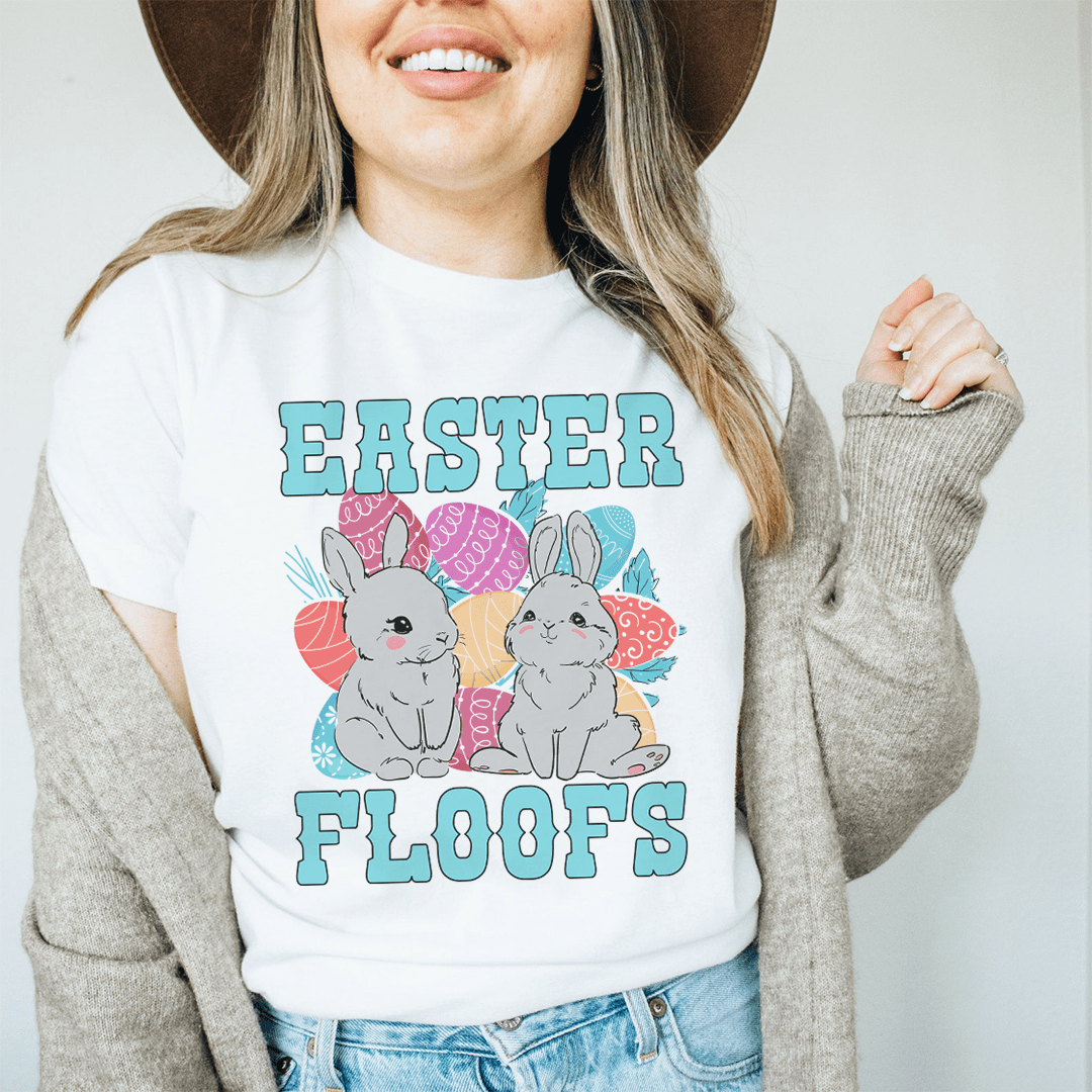 Heather gray T-shirt worn by a woman with “Easter Floofs” bunny graphic
