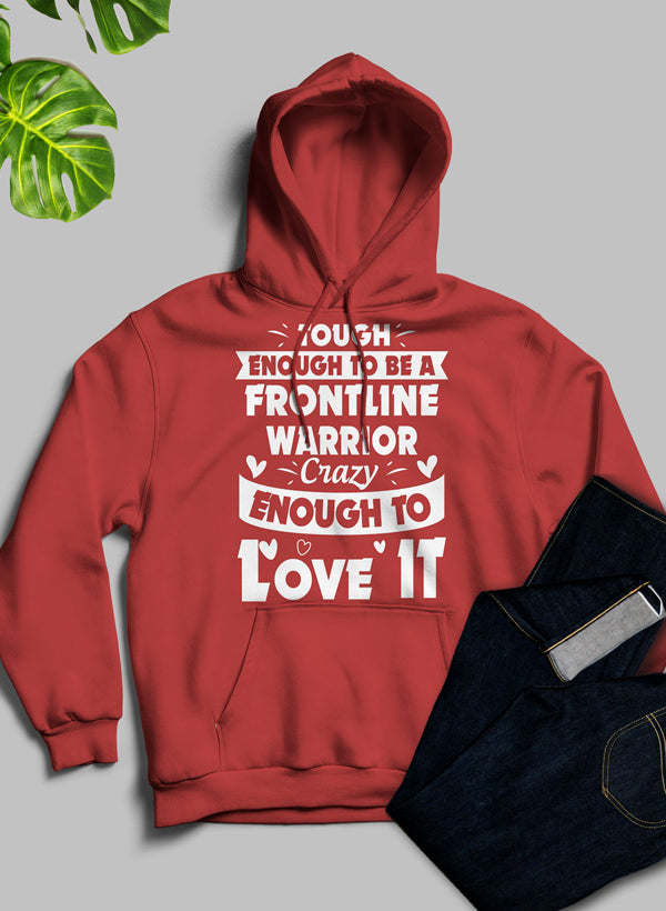 Red hoodie with kangaroo pocket, hood, and bold “Frontline Warrior” front graphic