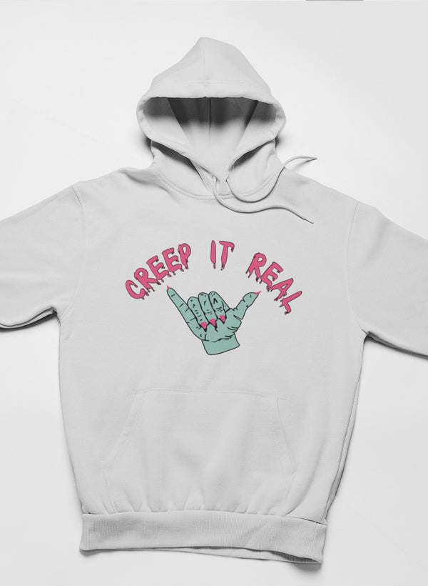 Light gray pullover hoodie with hand graphic and text logo, front kangaroo pocket