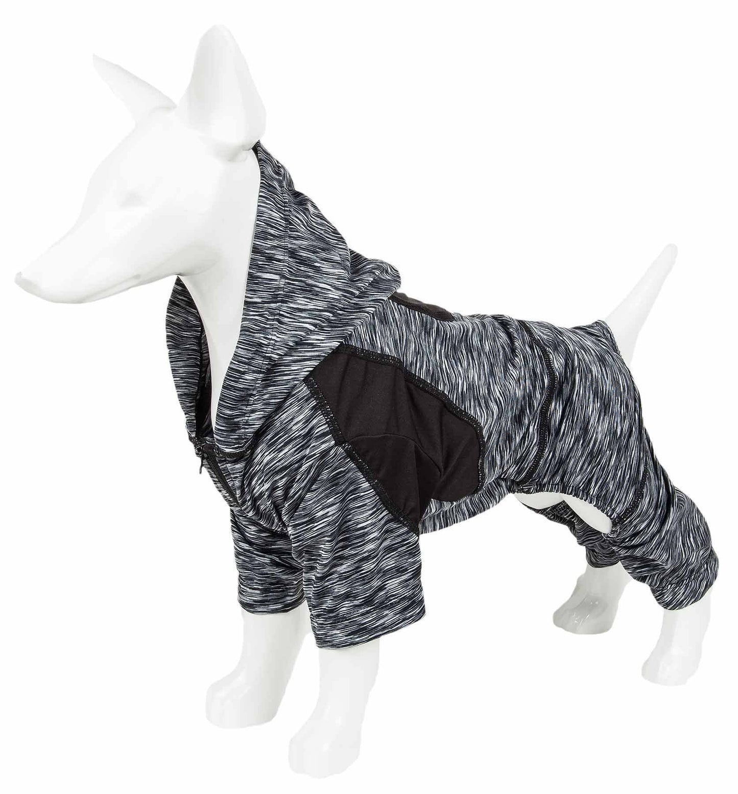 Two-tone heather gray full-body dog warm up hoodie with hood and front pouch