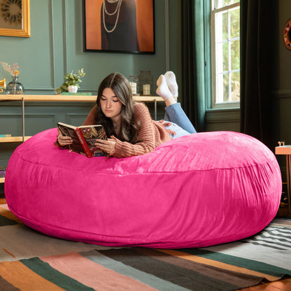 Fuchsia microsuede cocoon bean bag chair, large rounded lounge seat for reading