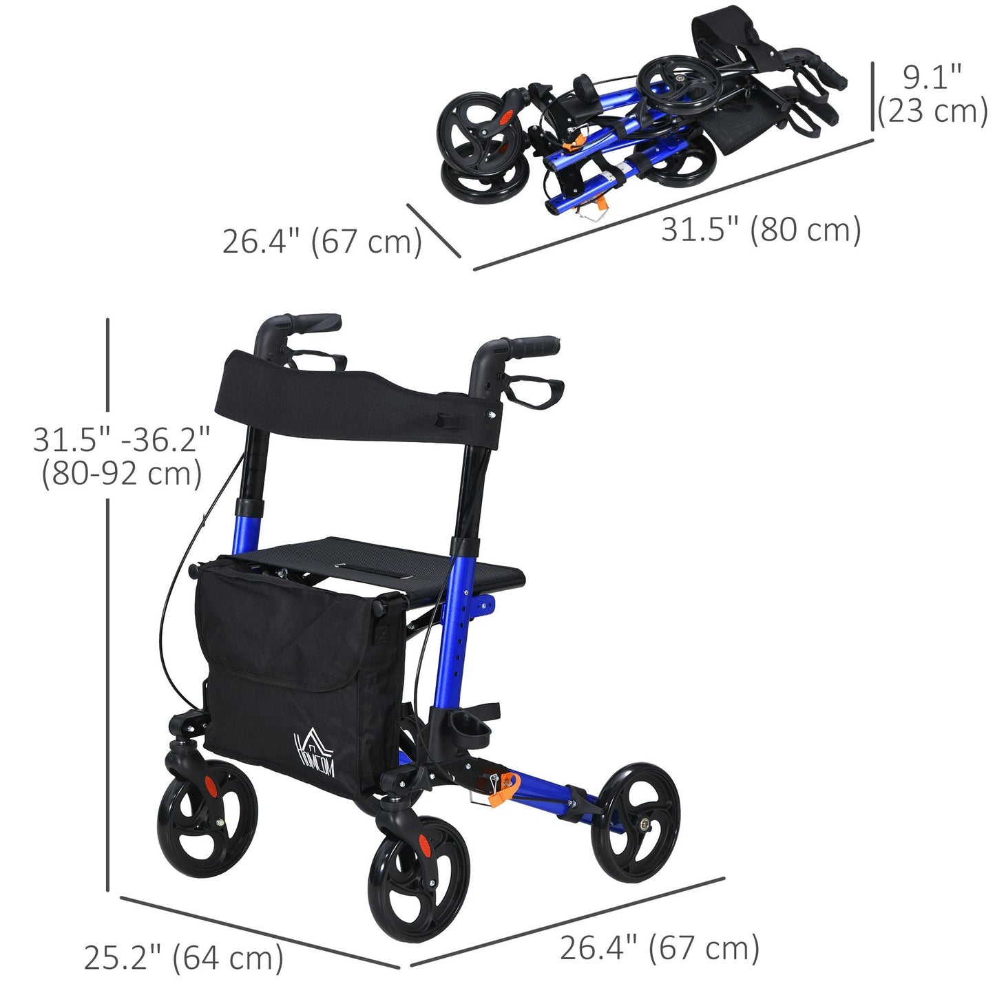 Rollator for Seniors with Seat, Back, Cane Holder, Aluminium Folding Rolling Walker with Adjustable Handle, Bag, Blue