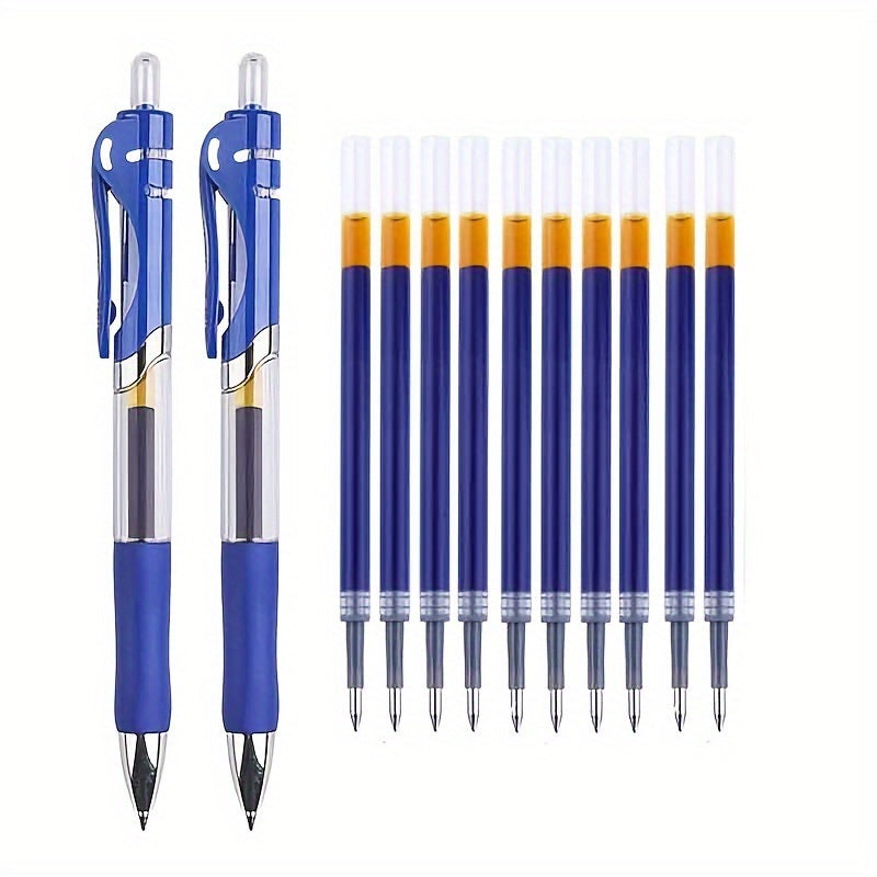 Blue press-and-push gel pen set with 2 pens and 10 refills, 0.5mm tips