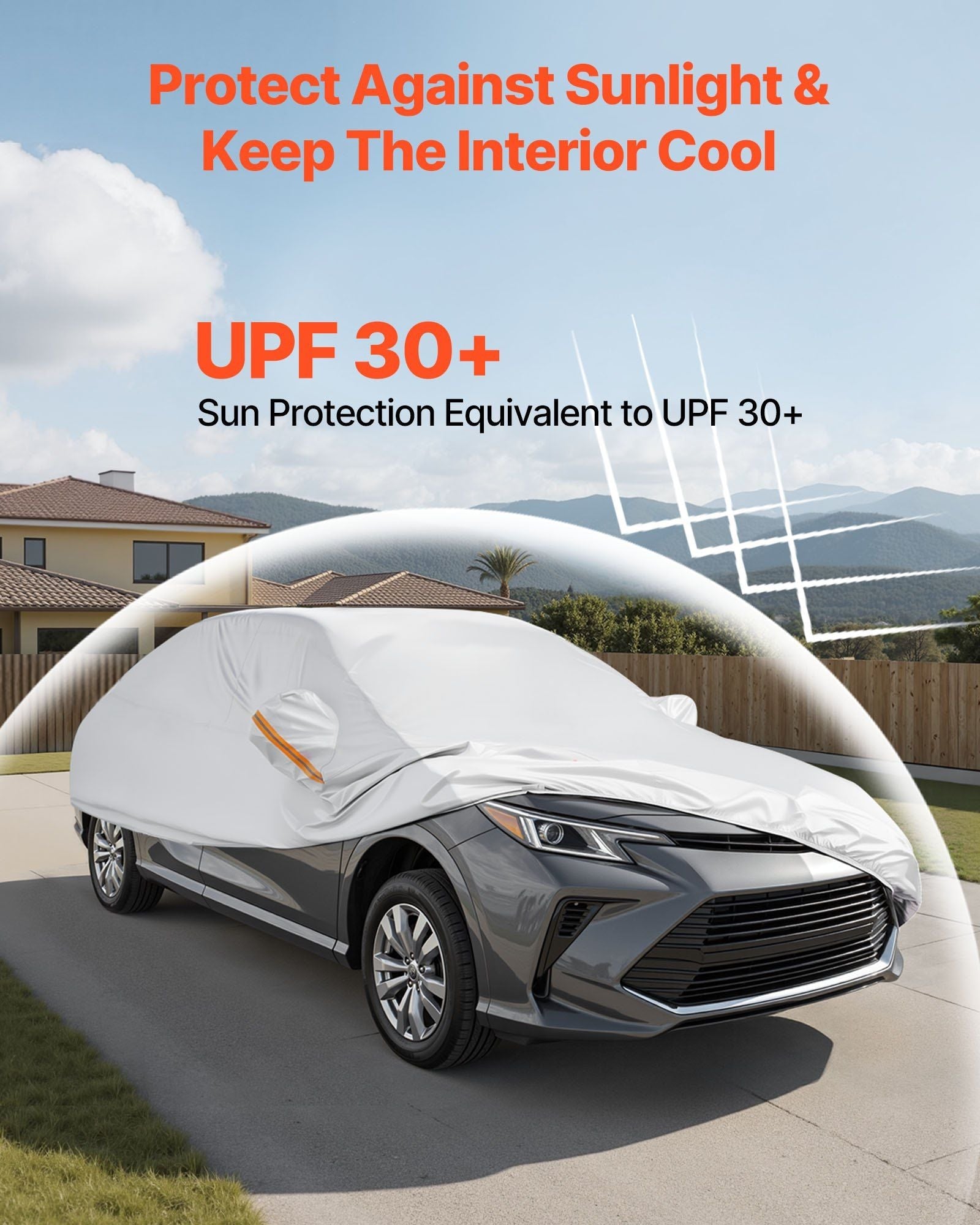 White car cover with UPF 30+ sun protection over front hood
