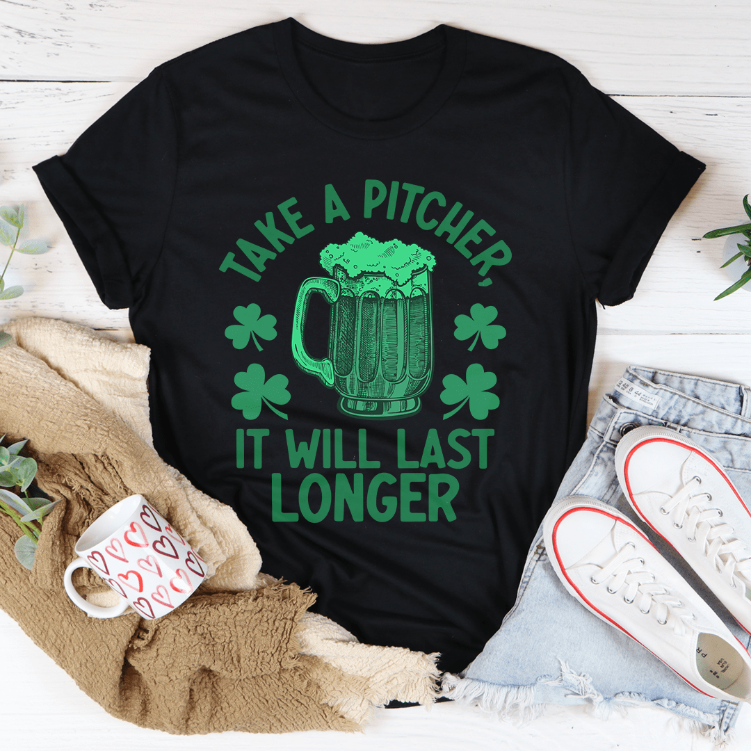 Black T-shirt with green pitcher and clover graphic and large stacked text
