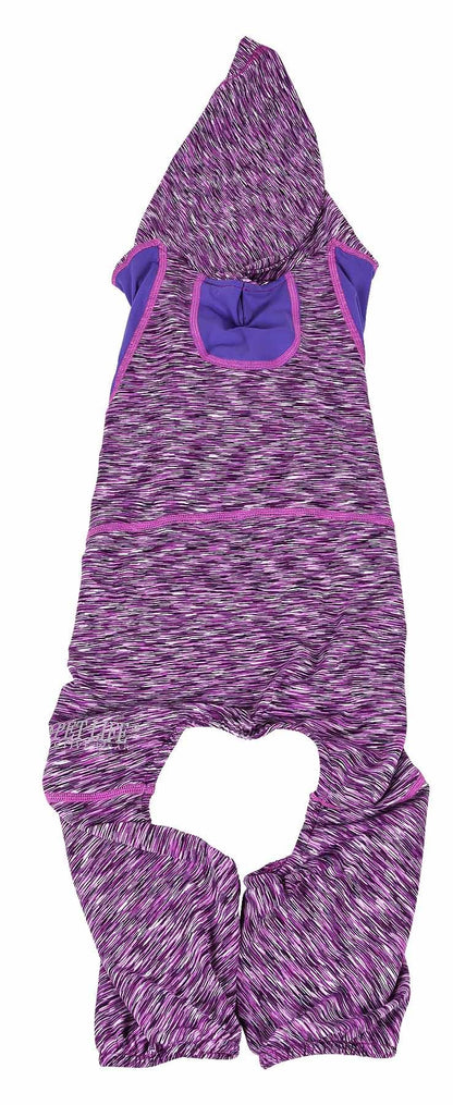Purple heather dog full-body warm-up hoodie with hood and blue back pocket