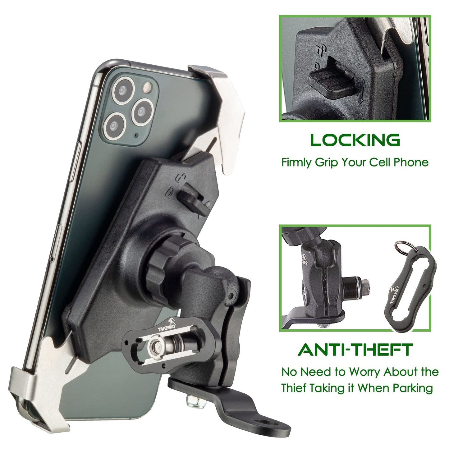 Motorcycle phone mount with black cradle and locking grip holding a smartphone