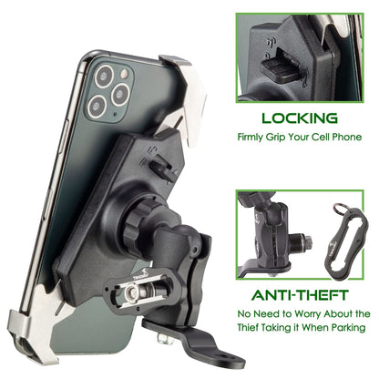 Motorcycle phone mount with black cradle and locking grip holding a smartphone