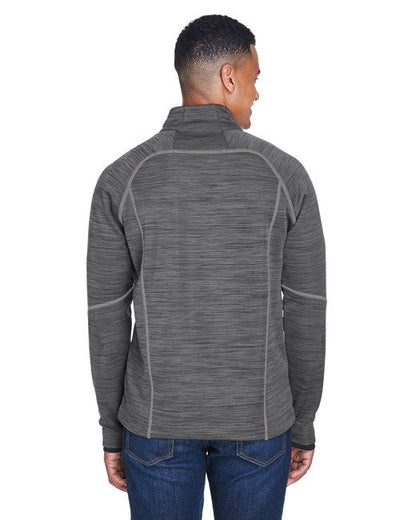 Men's charcoal-gray bonded fleece jacket, back view with full zip and stand collar