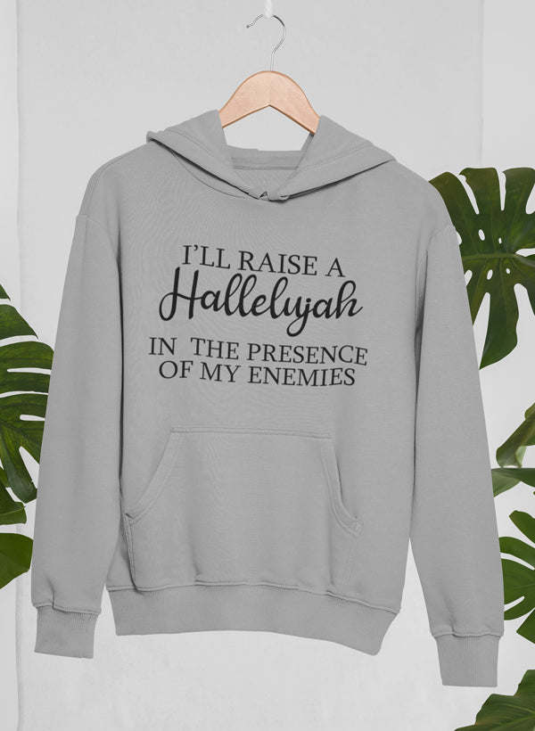 Athletic heather hoodie with I'll Raise a Hallelujah front text and kangaroo pocket