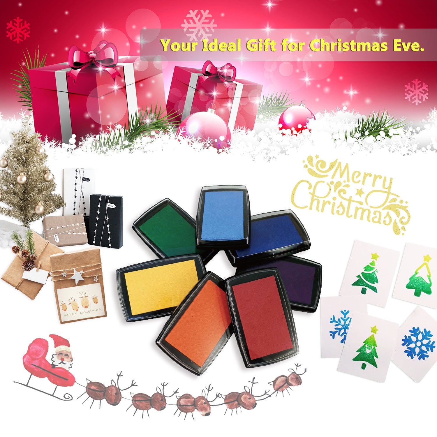 Multi-color ink pads in black cases, 7-pack for rubber stamping