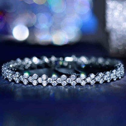 Silver tennis bracelet close-up of sparkling round stone row